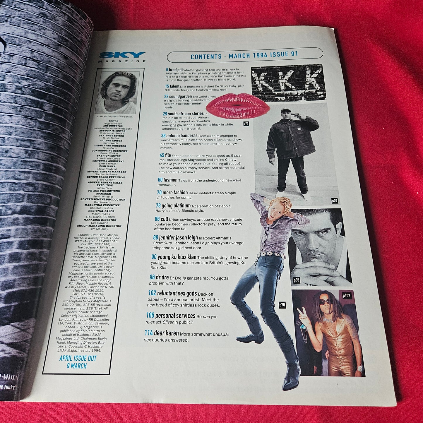 Sky Magazine March 1994 RARE Brad Pitt Antonio Banderas Jennifer Jason Leigh SKU 1446