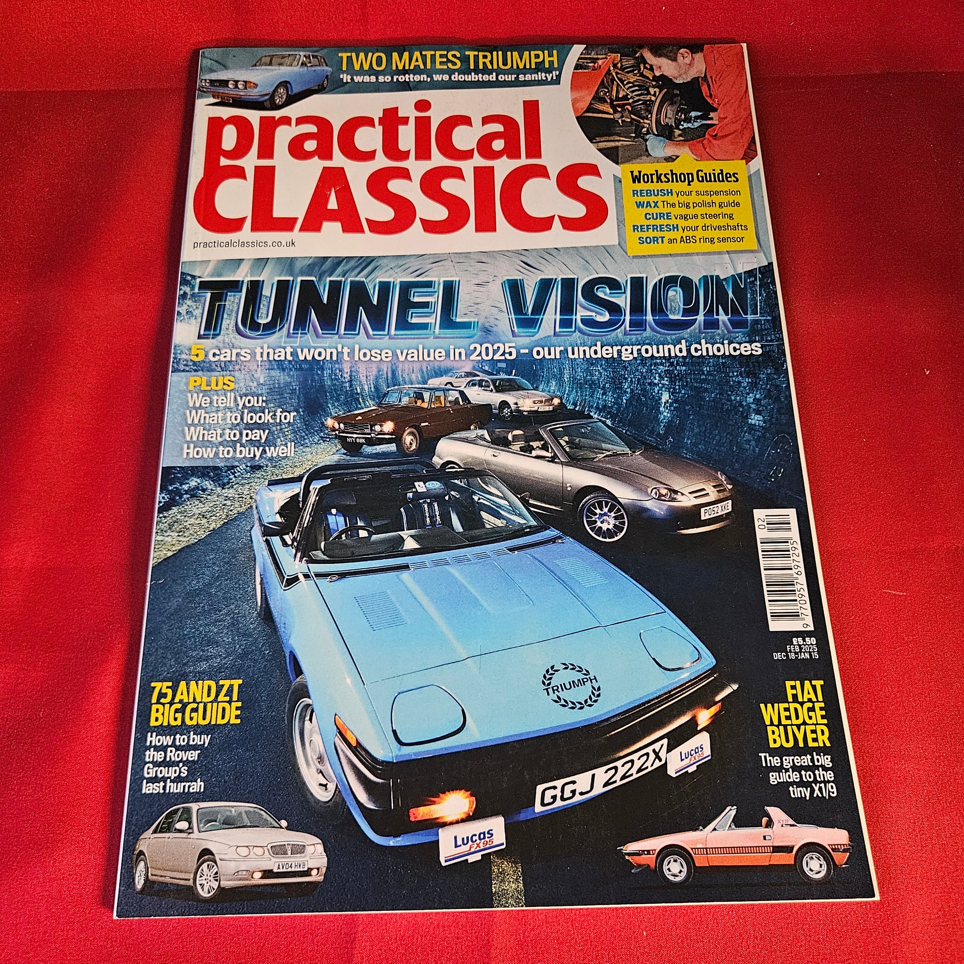 A magazine titled Practical Classics, issue 124, featuring a cover with multiple vintage cars including a light blue BMW, a silver Porsche, and a red Fiat, photographed on a red textured background.