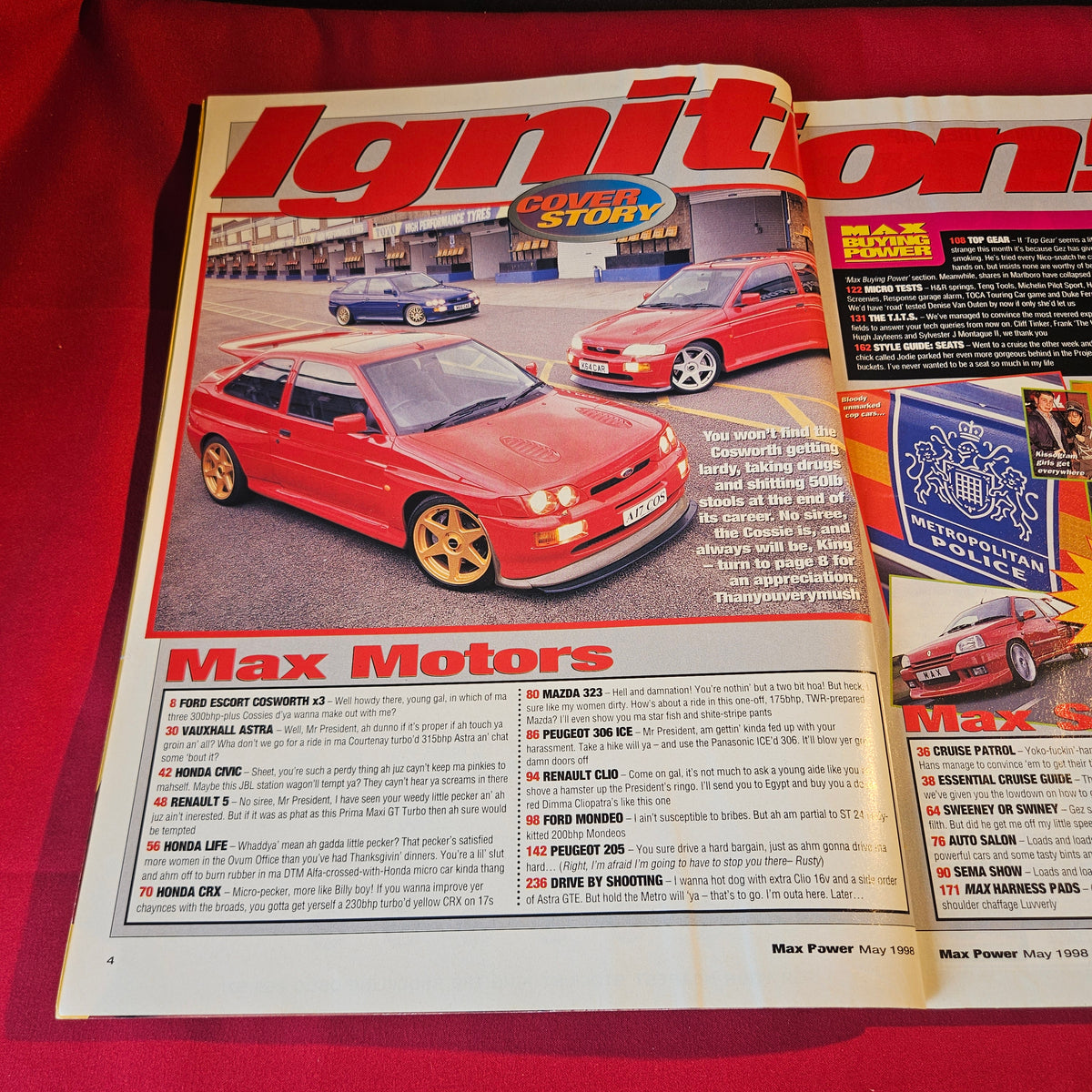 Max Power Magazine May 1998 Ford Escort Cosworth Peugeot 306 Honda CRX SKU 1520