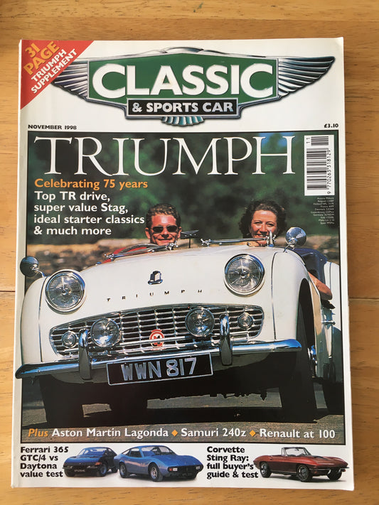 Classic & Sports Cars Magazine November 1998 (186) Triumph Ferrari 365 GTC/4 Daytona Corvette Stingray